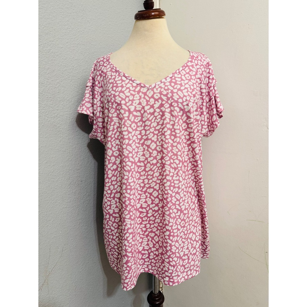 Ofeefan Womens Tunic Top 3XL Pink Leopard Animal Print V-Neck Short Sleeve Comfy